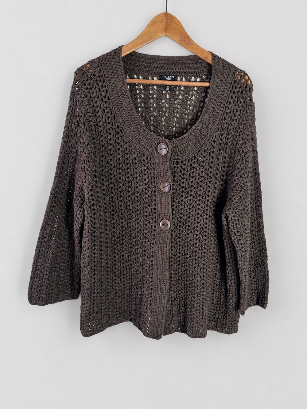 Talbots Brown Crochet Hand Knit Button-Front Cardigan Sweater Size 2X Cotton